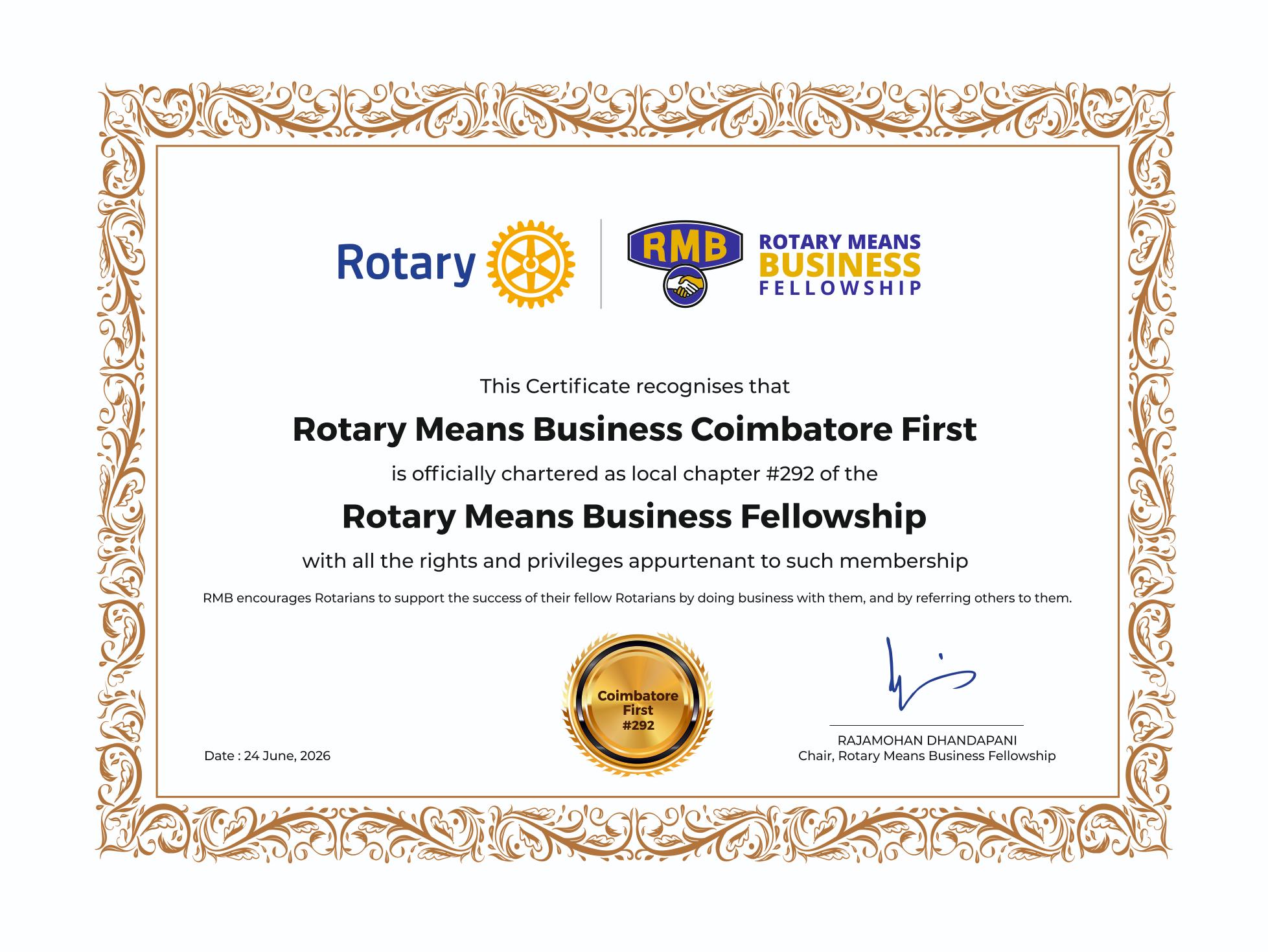 Rotary Club Certificate - Rotary Means Business Coimbatore First
